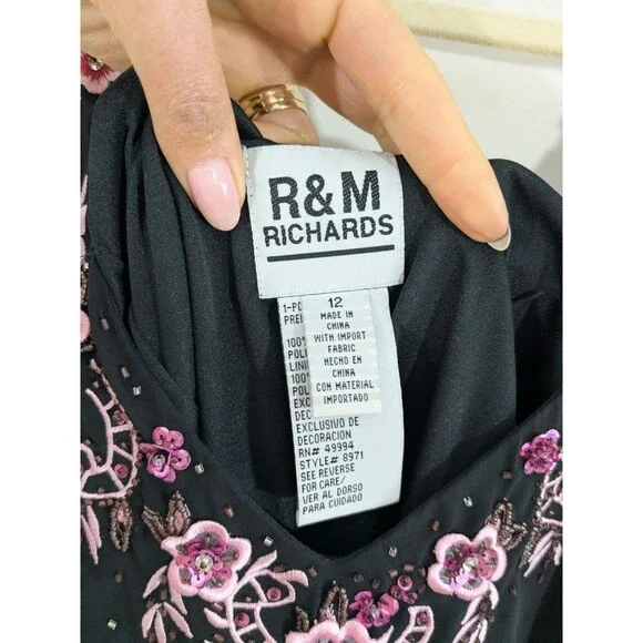 Y2K Floral Embroidered Handkerchief Hem Slip Dress Black Size 12 Bias Cut Fairy - Picture 7 of 9